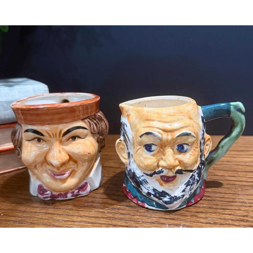 Vintage Occupied Japan Toby Mug Pair Character Face Mugs‎ Hand Painted Mini Jugs